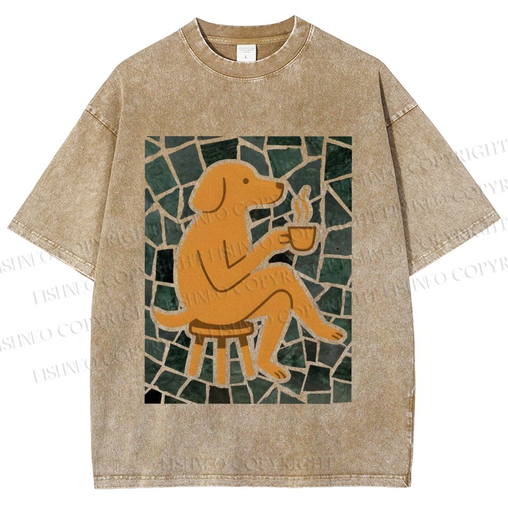 Unisex Relax Dog Having Coffee Printed Washed Tee