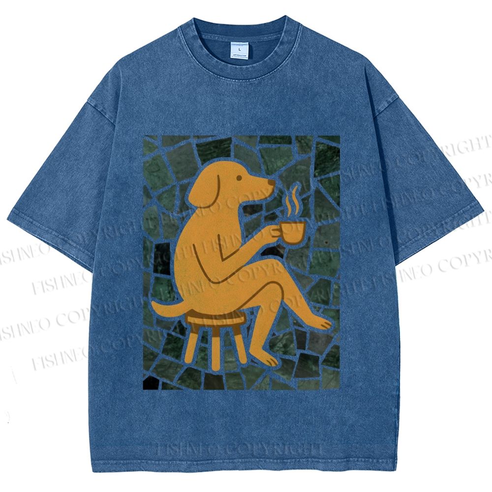 Unisex Relax Dog Having Coffee Printed Washed Tee
