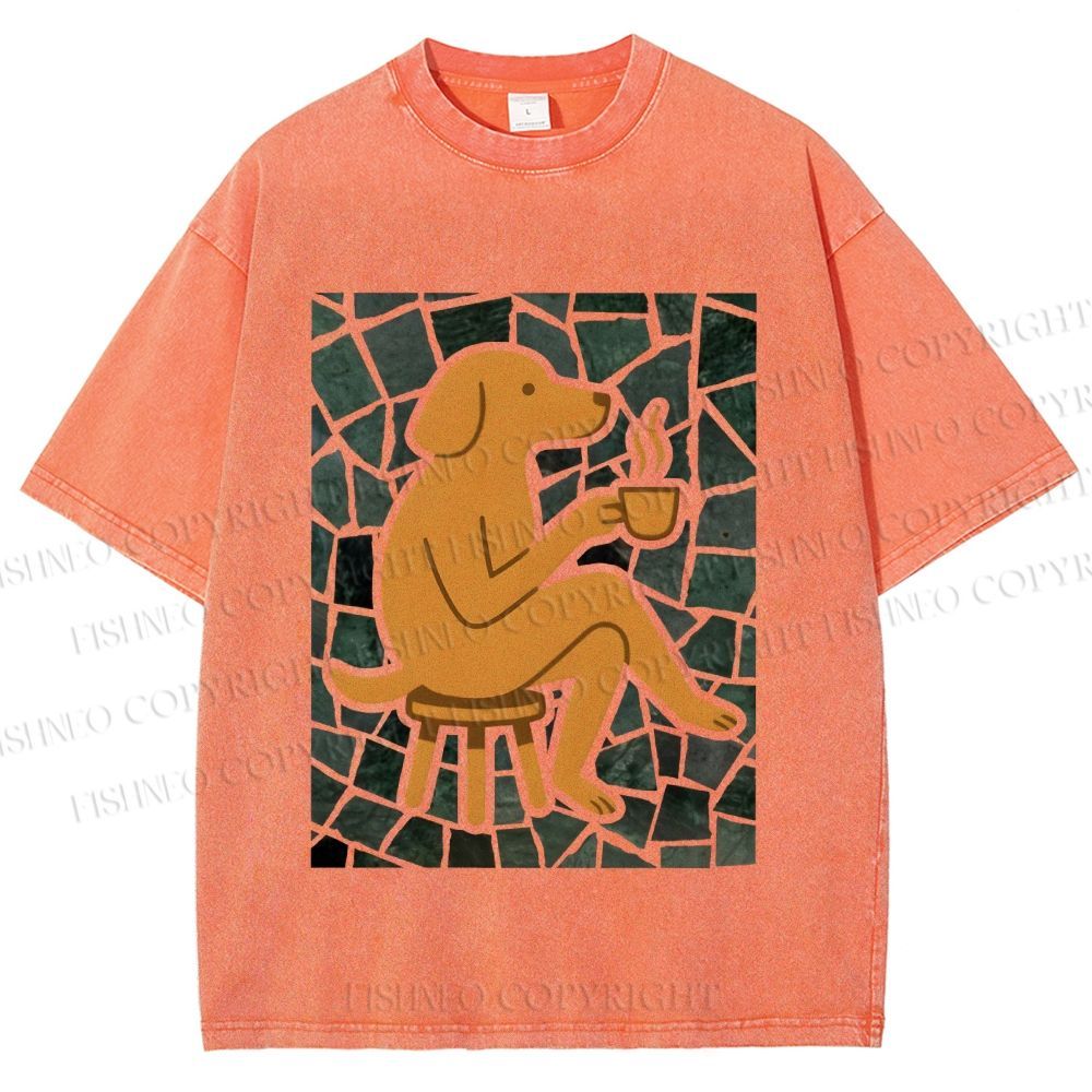 Unisex Relax Dog Having Coffee Printed Washed Tee