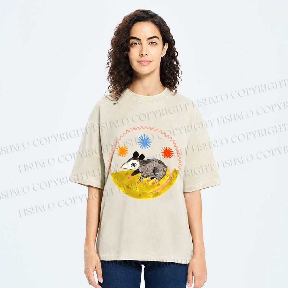 Unisex Cute Opossum Printed Washed Tee