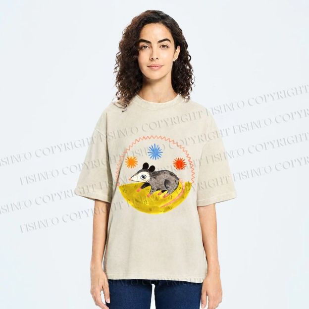 Unisex Cute Opossum Printed Washed Tee