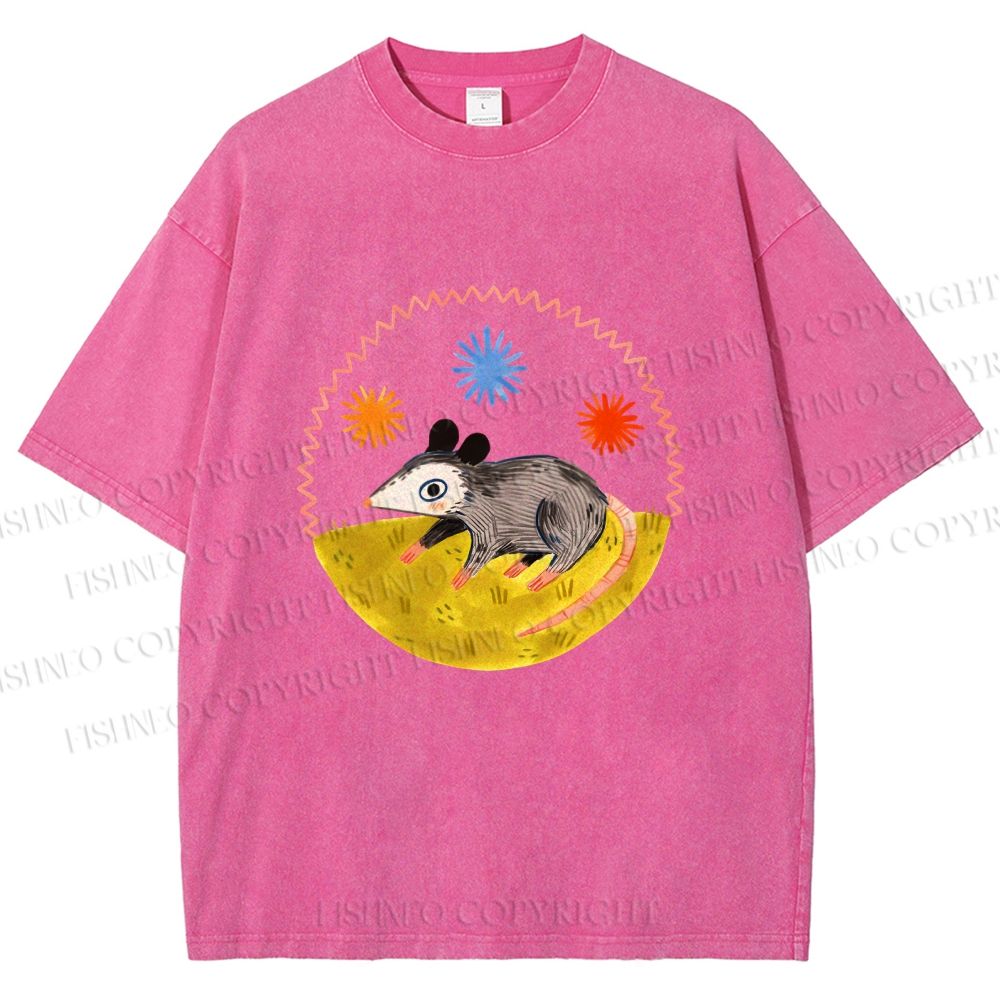 Unisex Cute Opossum Printed Washed Tee