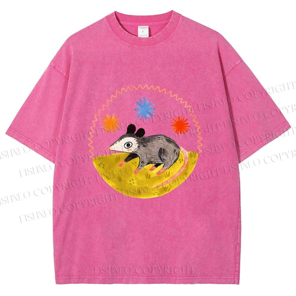 Unisex Cute Opossum Printed Washed Tee