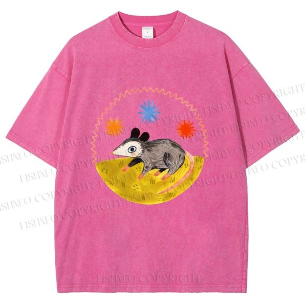 Unisex Cute Opossum Printed Washed Tee