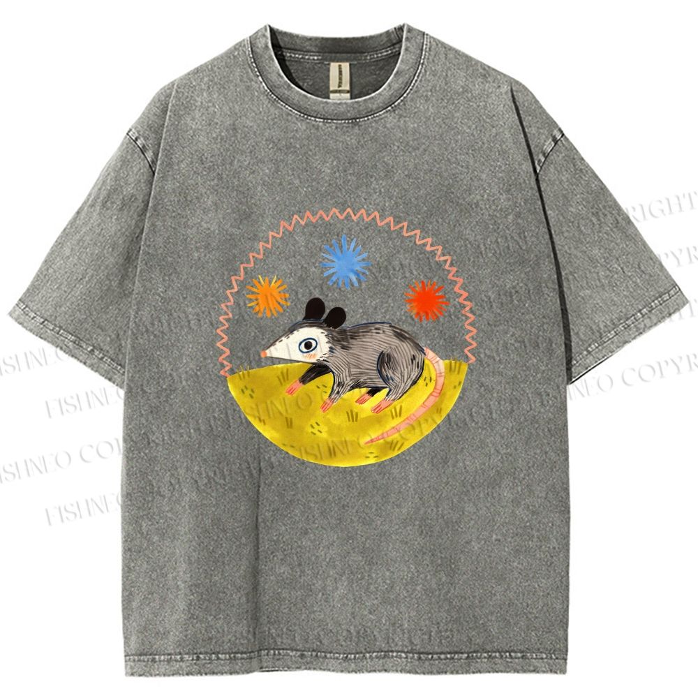 Unisex Cute Opossum Printed Washed Tee