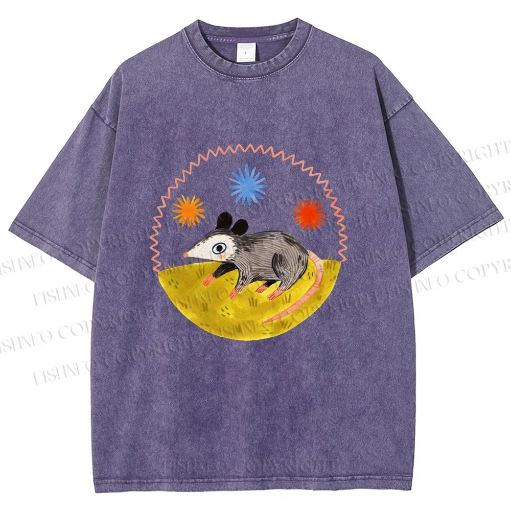 Unisex Cute Opossum Printed Washed Tee