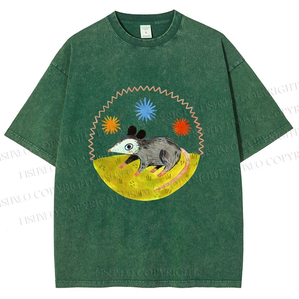 Unisex Cute Opossum Printed Washed Tee