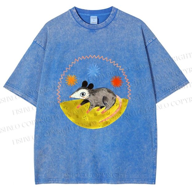Unisex Cute Opossum Printed Washed Tee