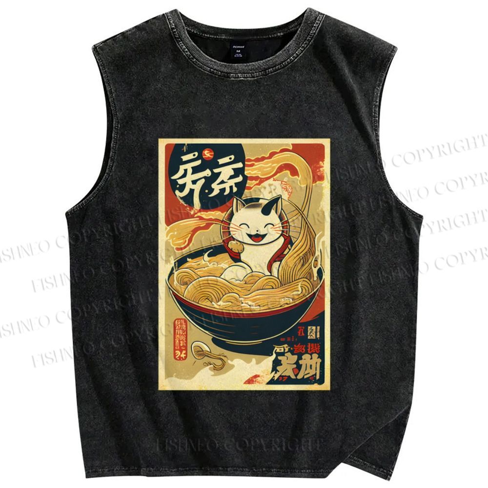 Unisex Ramen Cat Printed Washed Tank Top