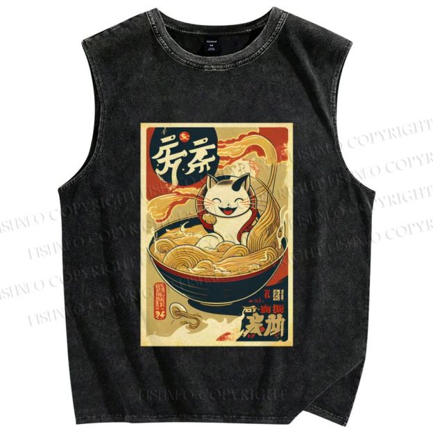 Unisex Ramen Cat Printed Washed Tank Top