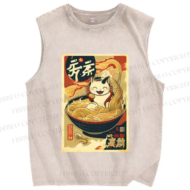 Unisex Ramen Cat Printed Washed Tank Top