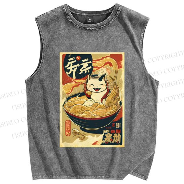 Unisex Ramen Cat Printed Washed Tank Top