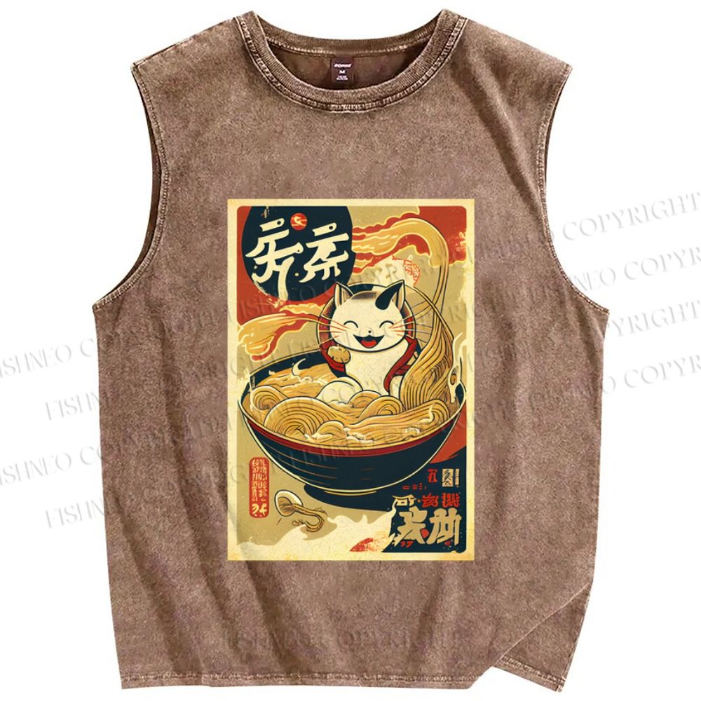 Unisex Ramen Cat Printed Washed Tank Top