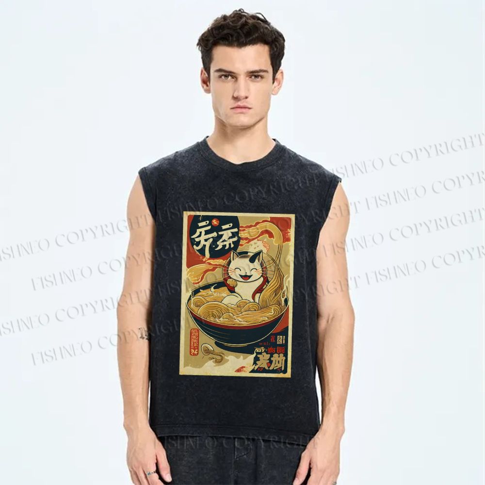 Unisex Ramen Cat Printed Washed Tank Top