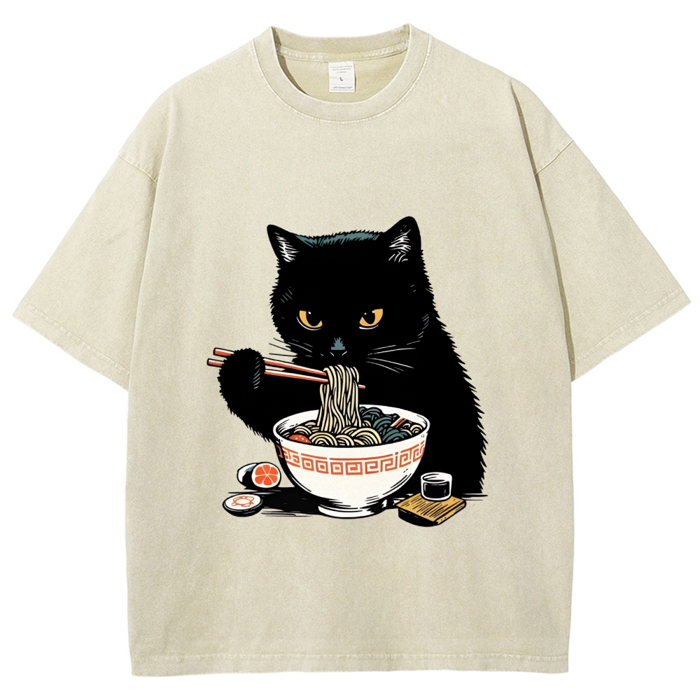  Cat Eating Favorite Ramen Washed T-Shirt