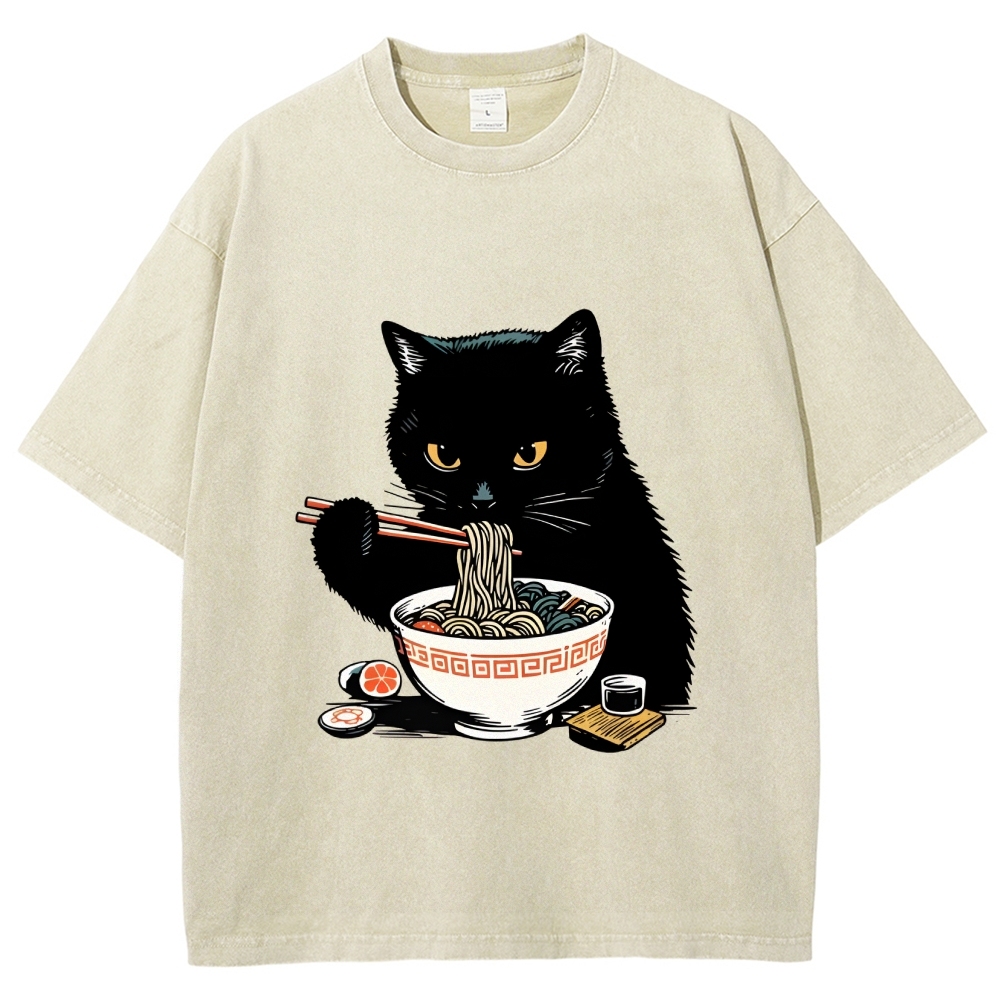 Cat Eating Favorite Ramen Washed T-Shirt
