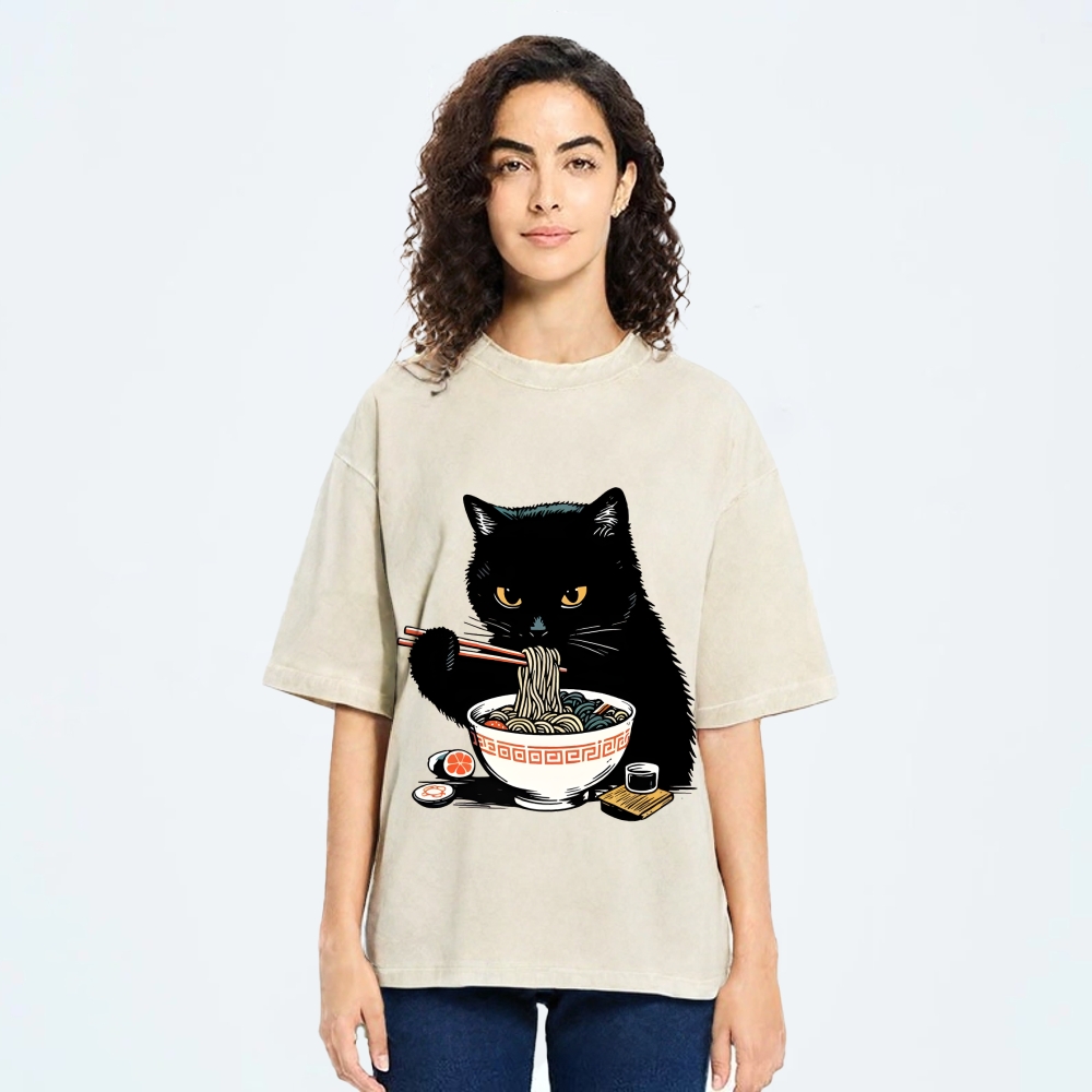  Cat Eating Favorite Ramen Washed T-Shirt