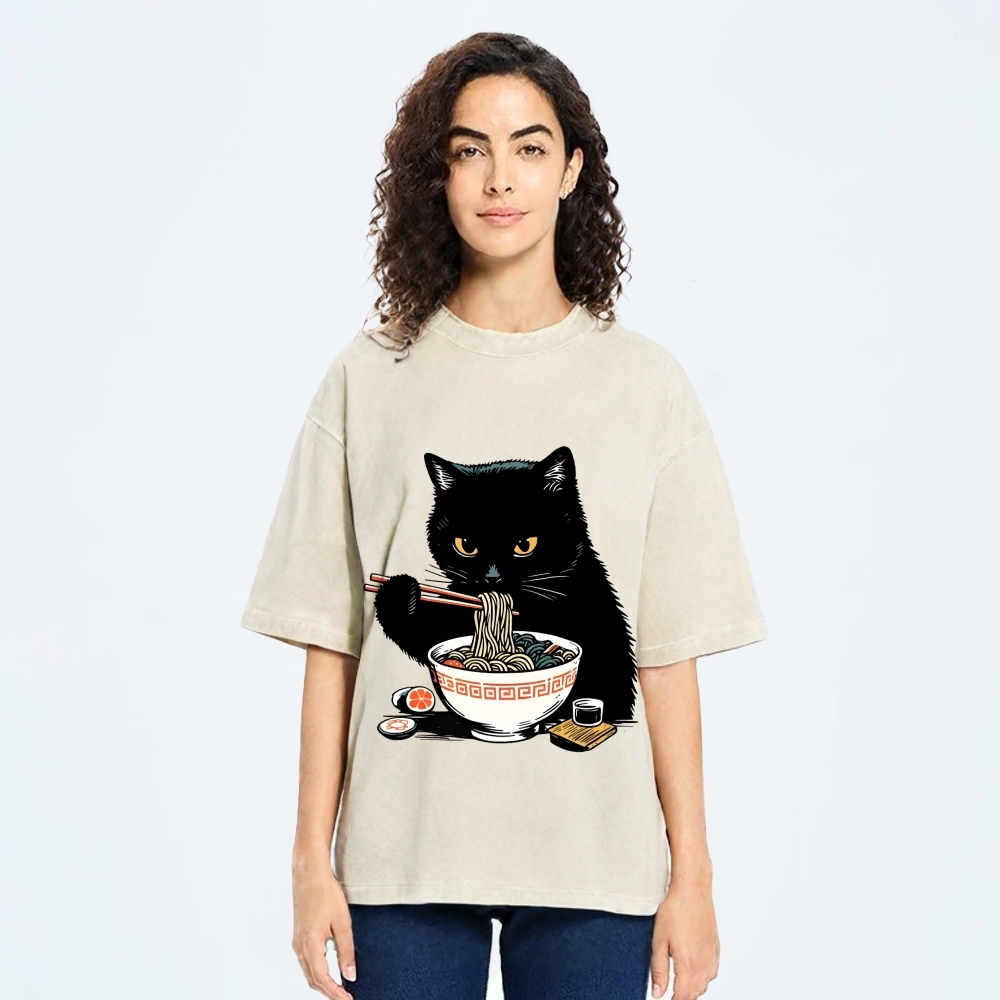  Cat Eating Favorite Ramen Washed T-Shirt