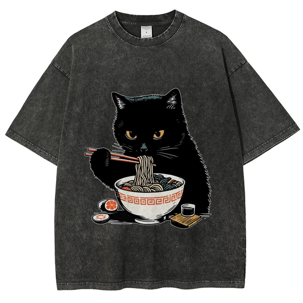  Cat Eating Favorite Ramen Washed T-Shirt