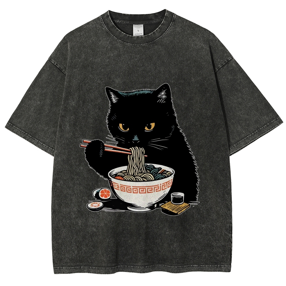  Cat Eating Favorite Ramen Washed T-Shirt