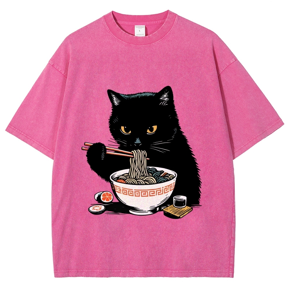  Cat Eating Favorite Ramen Washed T-Shirt