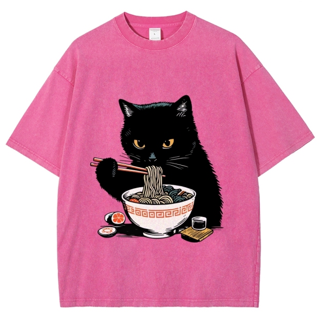  Cat Eating Favorite Ramen Washed T-Shirt