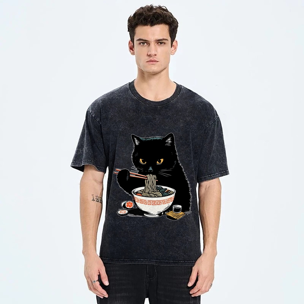  Cat Eating Favorite Ramen Washed T-Shirt