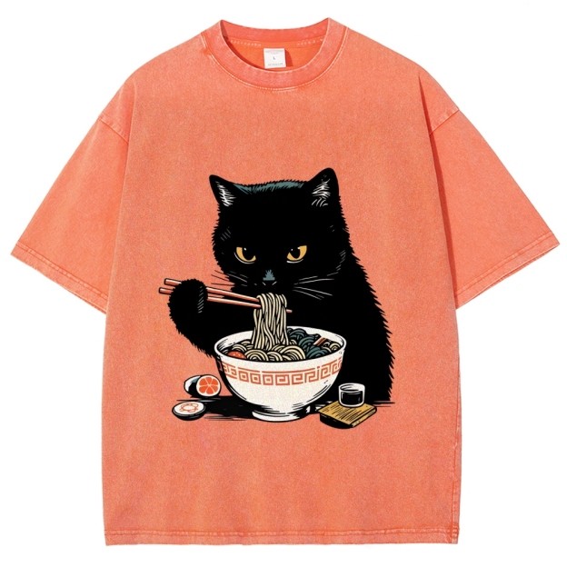 Cat Eating Favorite Ramen Washed T-Shirt