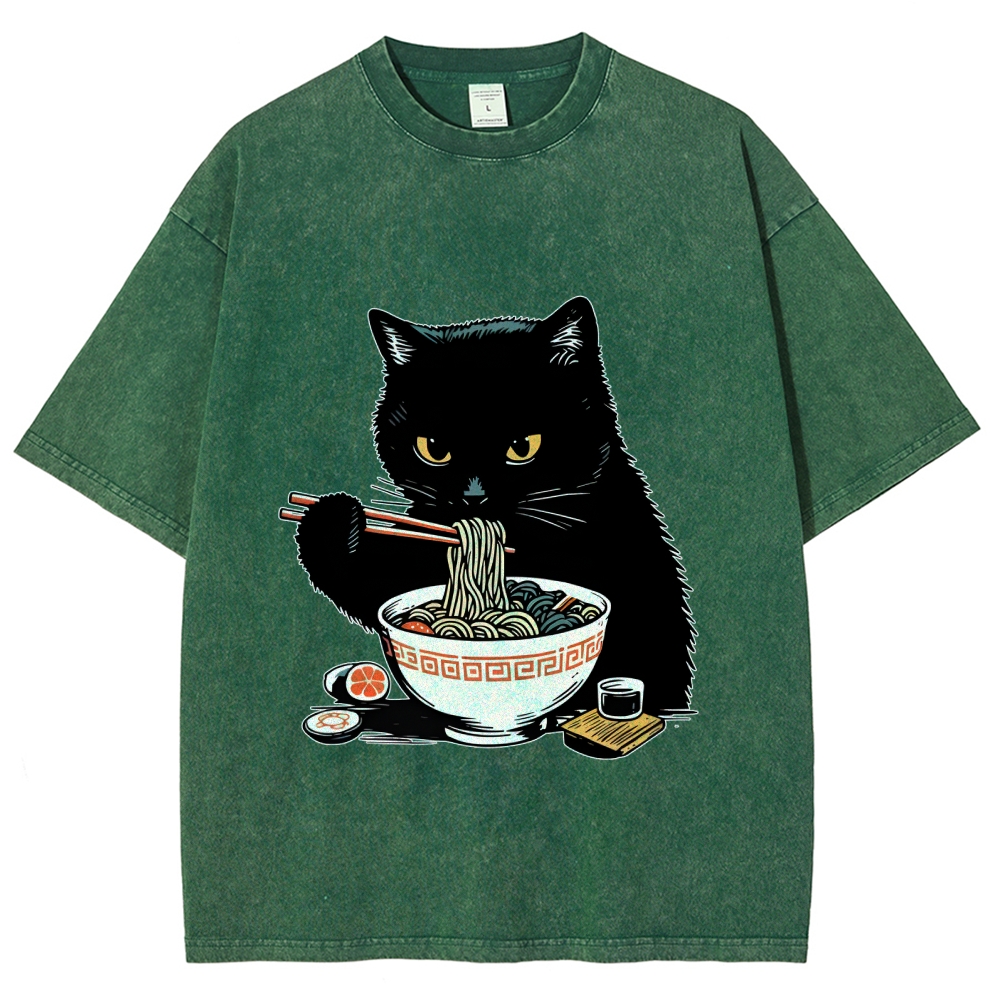  Cat Eating Favorite Ramen Washed T-Shirt
