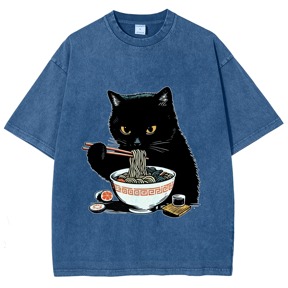  Cat Eating Favorite Ramen Washed T-Shirt