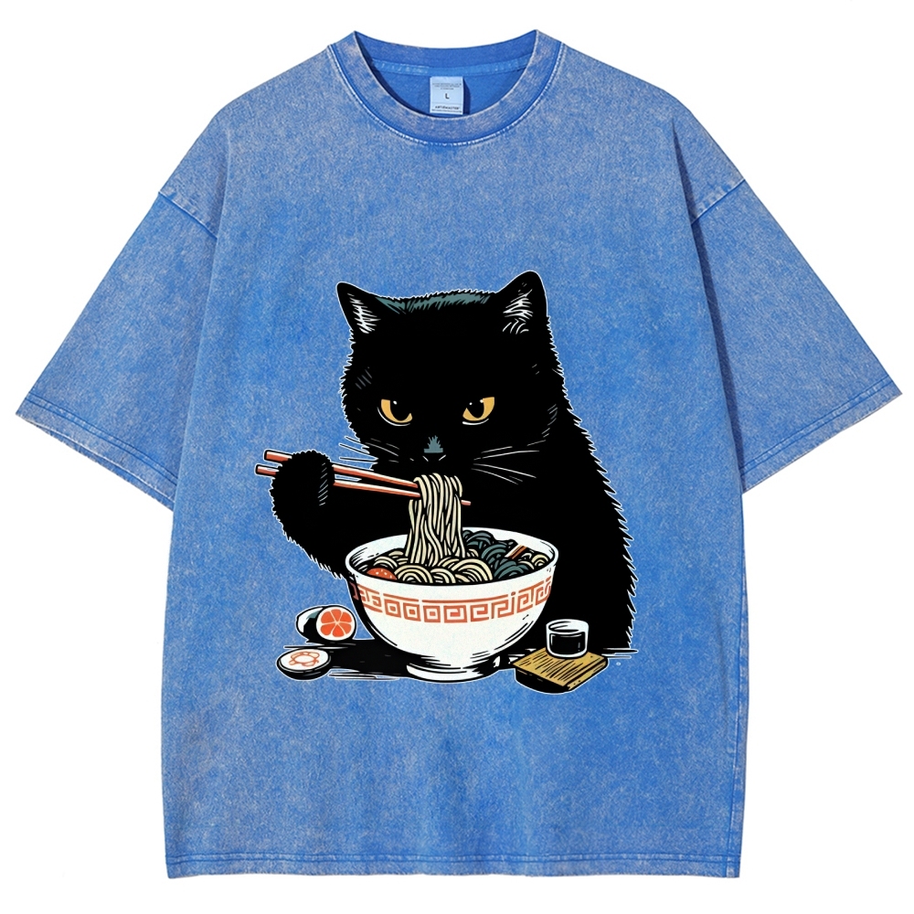  Cat Eating Favorite Ramen Washed T-Shirt