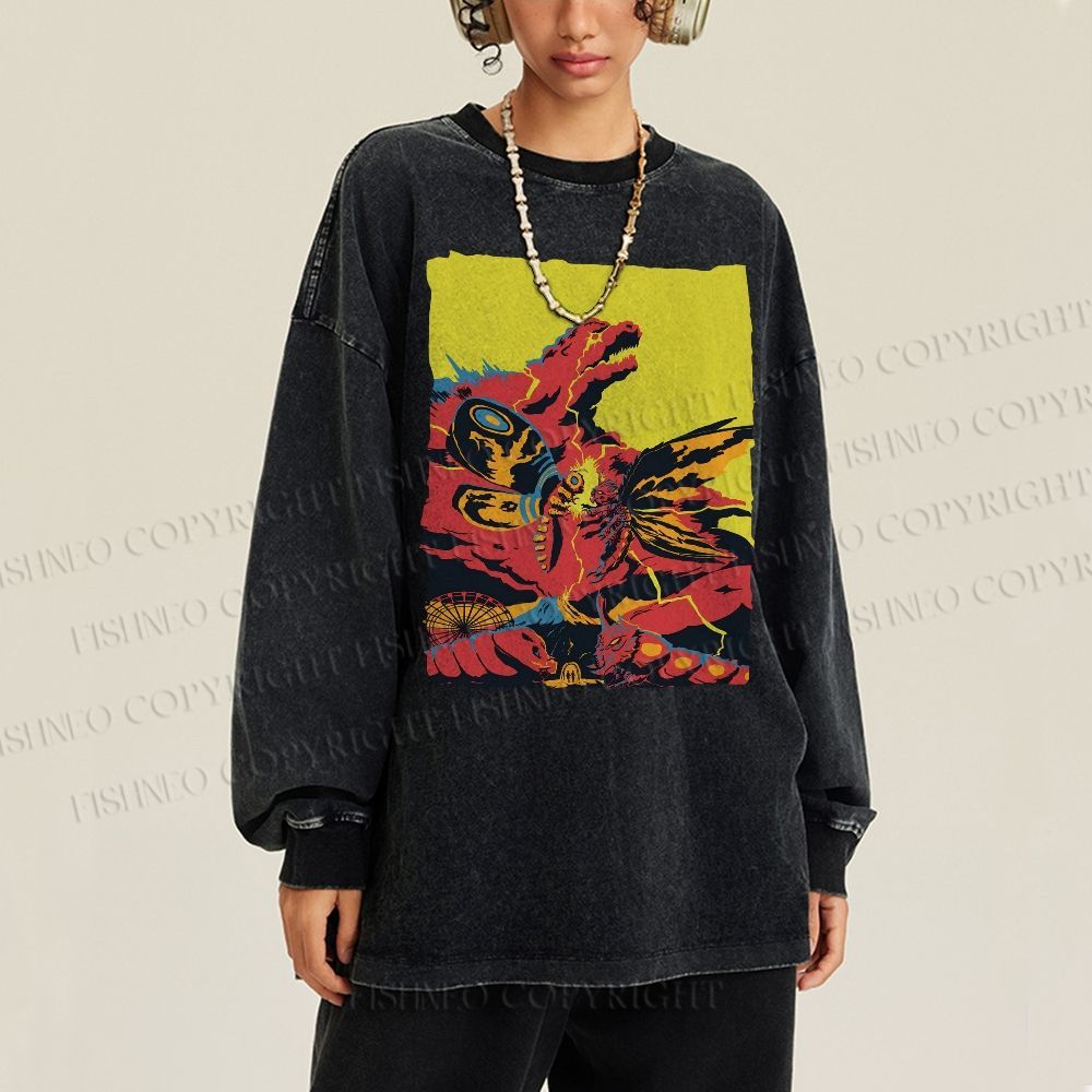 Unisex Casual Washed Godzilla Mothra Printed Long Sleeve T-shirt