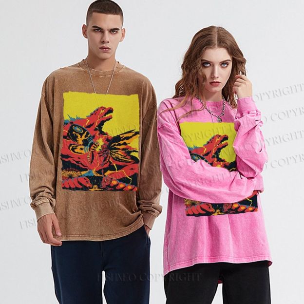 Unisex Casual Washed Godzilla Mothra Printed Long Sleeve T-shirt