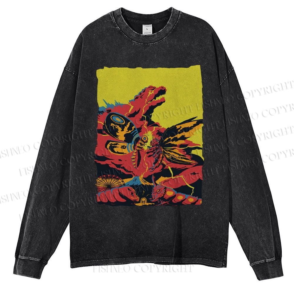 Unisex Casual Washed Godzilla Mothra Printed Long Sleeve T-shirt