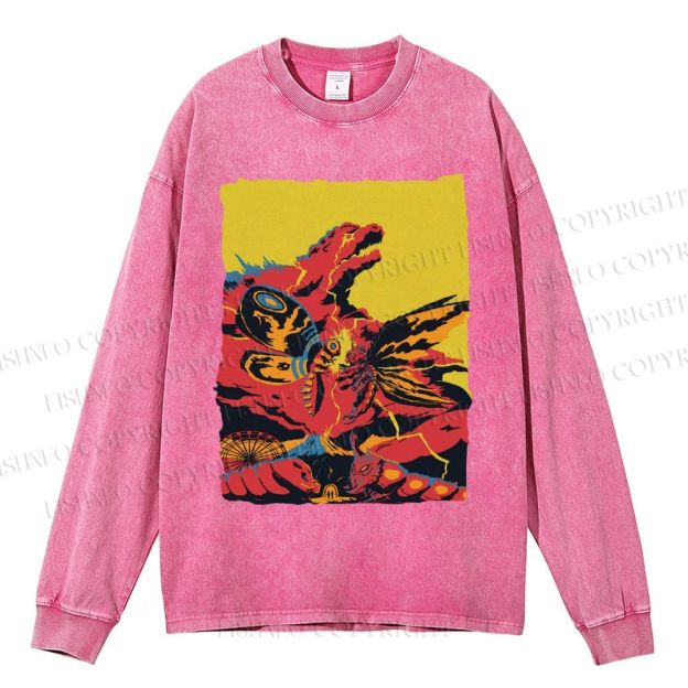 Unisex Casual Washed Godzilla Mothra Printed Long Sleeve T-shirt