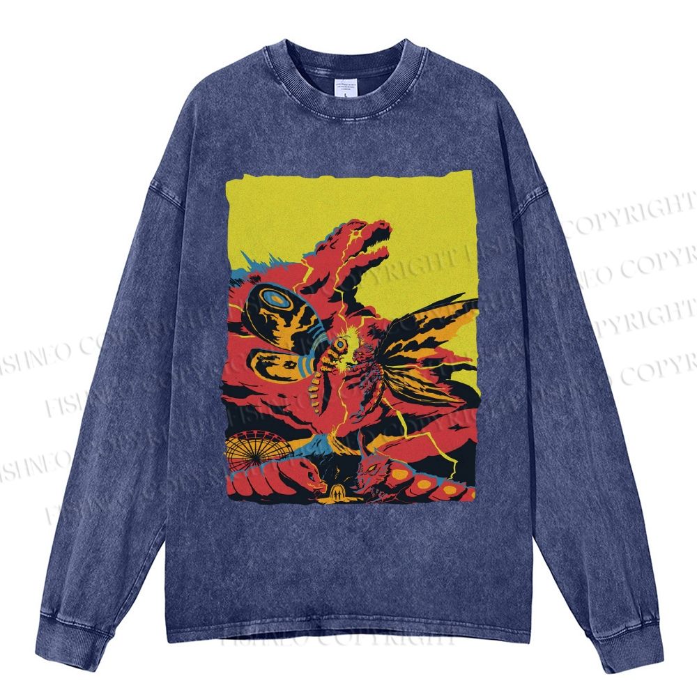 Unisex Casual Washed Godzilla Mothra Printed Long Sleeve T-shirt