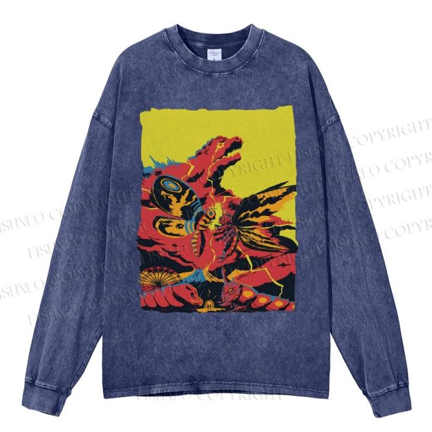 Unisex Casual Washed Godzilla Mothra Printed Long Sleeve T-shirt