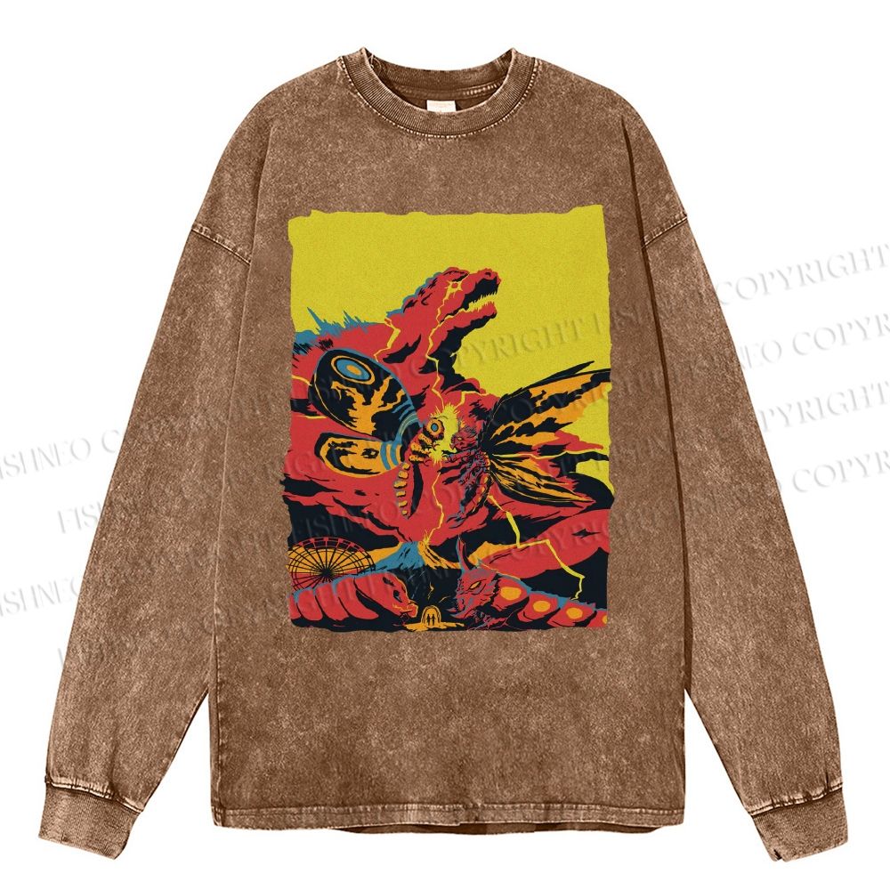 Unisex Casual Washed Godzilla Mothra Printed Long Sleeve T-shirt