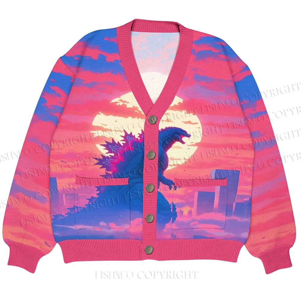 Godzilla Sunset Ugly Cardigan Sweater With Pocket