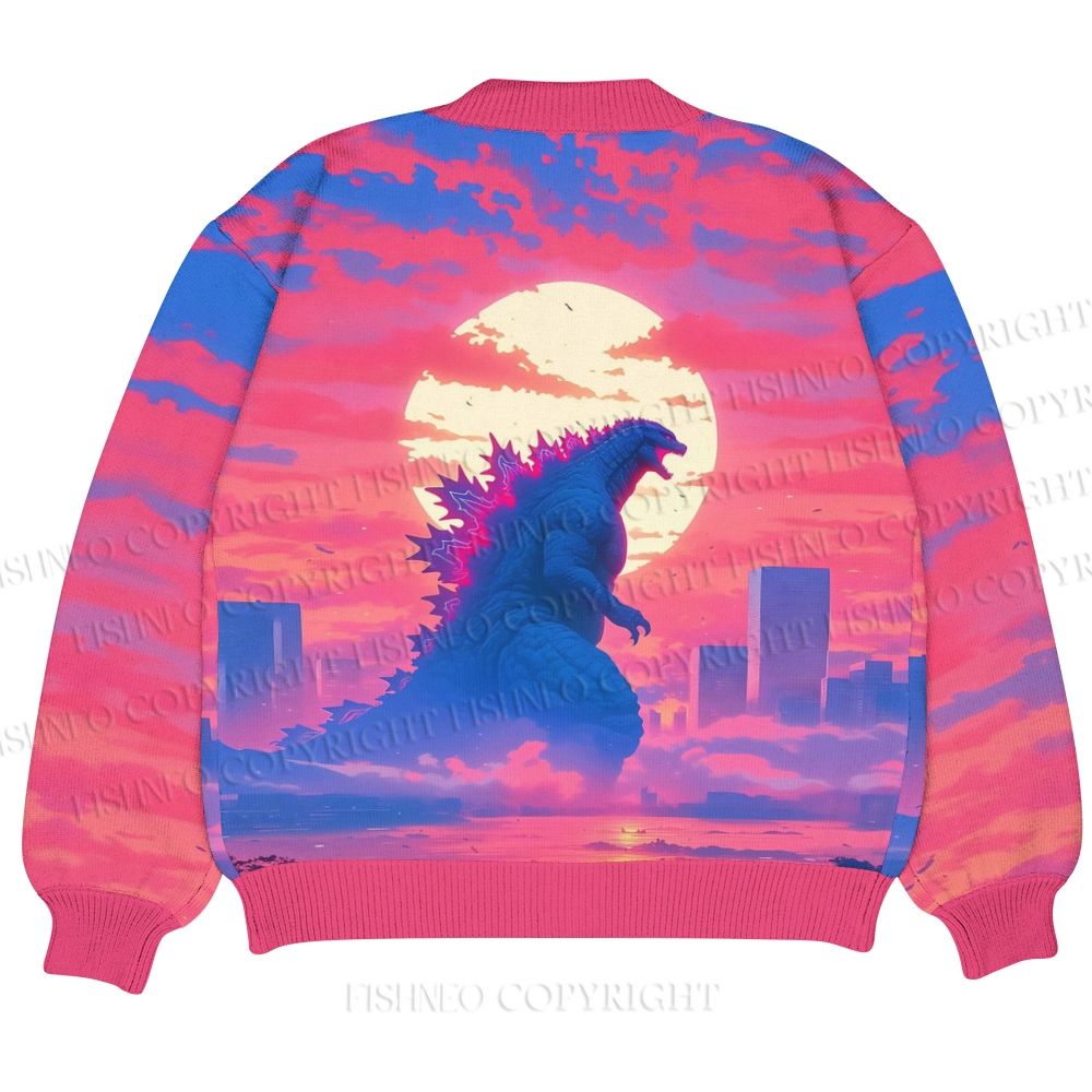 Godzilla Sunset Ugly Cardigan Sweater With Pocket