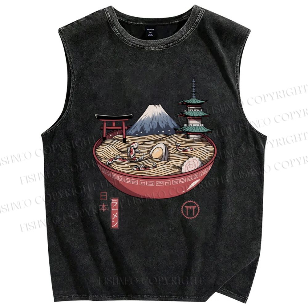 Unisex Ramen Mount Fuji Japan Printed Washed Tank Top