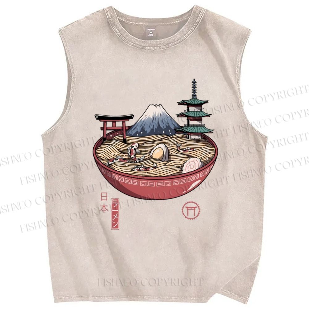 Unisex Ramen Mount Fuji Japan Printed Washed Tank Top