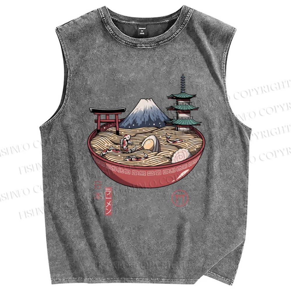 Unisex Ramen Mount Fuji Japan Printed Washed Tank Top
