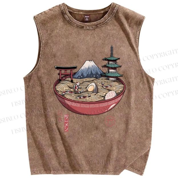 Unisex Ramen Mount Fuji Japan Printed Washed Tank Top