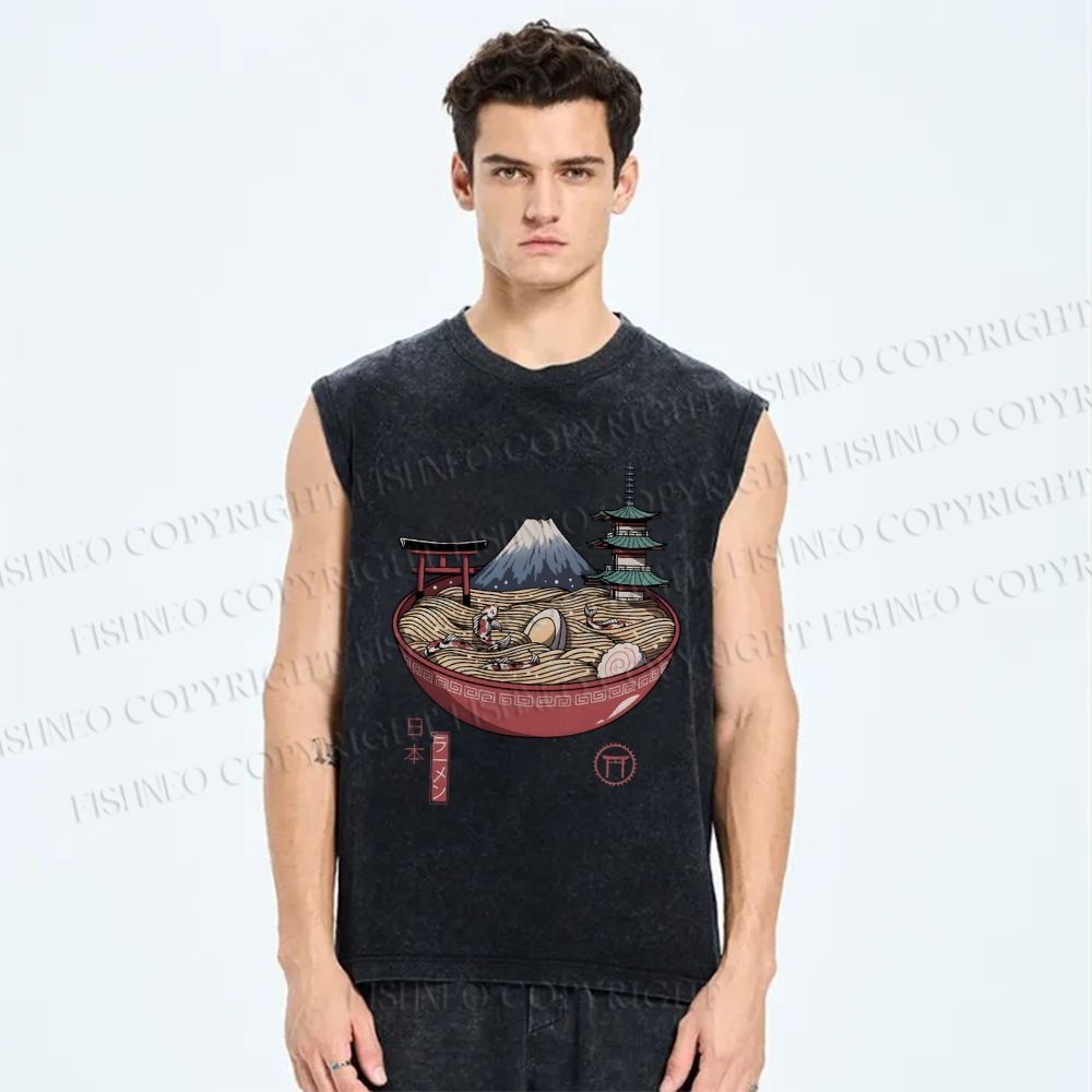 Unisex Ramen Mount Fuji Japan Printed Washed Tank Top