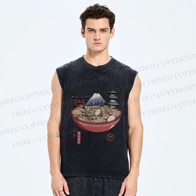 Unisex Ramen Mount Fuji Japan Printed Washed Tank Top