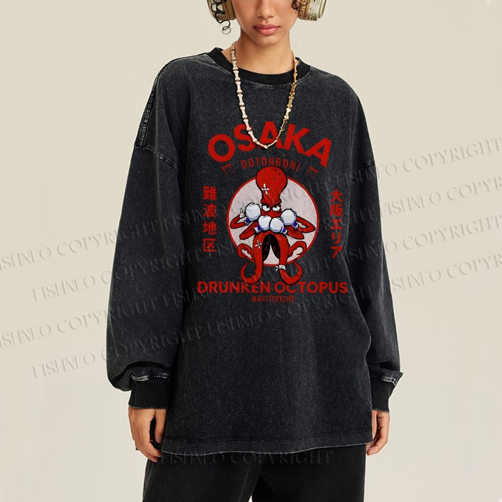 Unisex Casual Washed Osaka Drunken Octopus Vintage Printed Long Sleeve T-shirt