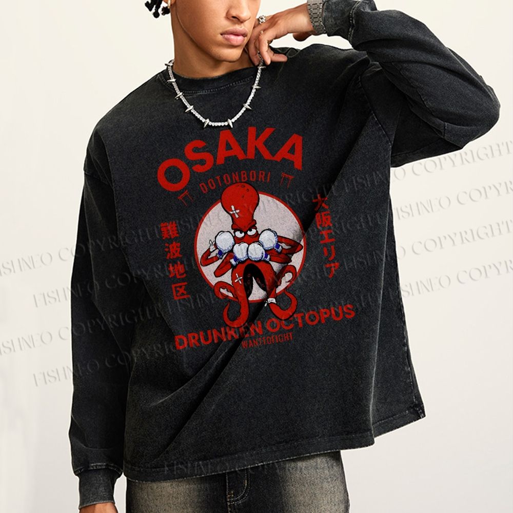 Unisex Casual Washed Osaka Drunken Octopus Vintage Printed Long Sleeve T-shirt