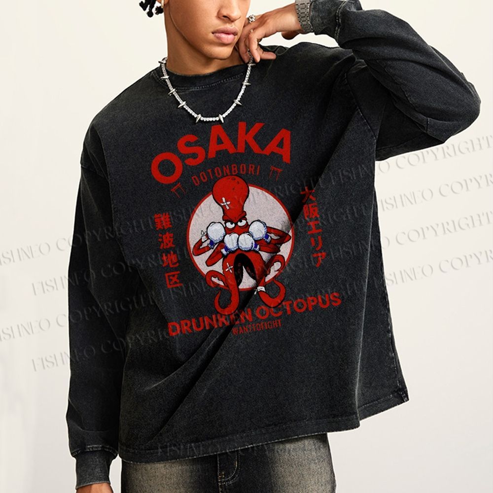 Unisex Casual Washed Osaka Drunken Octopus Vintage Printed Long Sleeve T-shirt