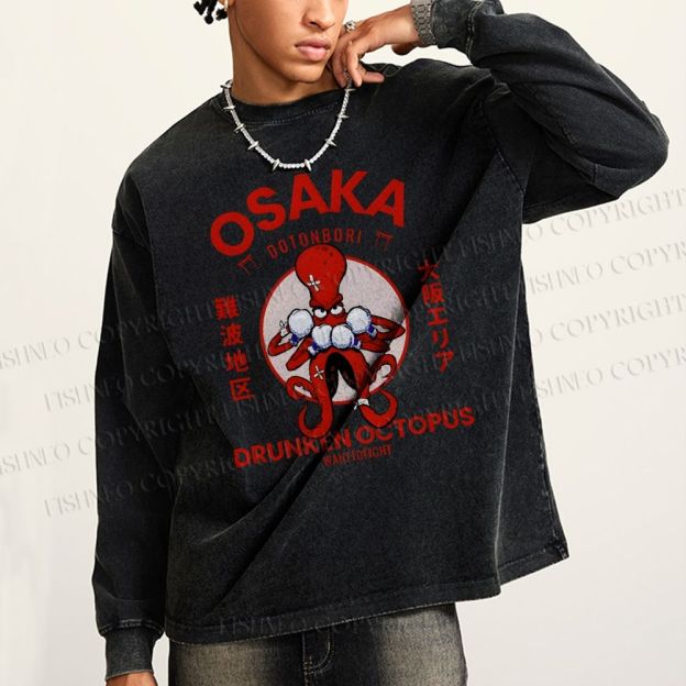 Unisex Casual Washed Osaka Drunken Octopus Vintage Printed Long Sleeve T-shirt